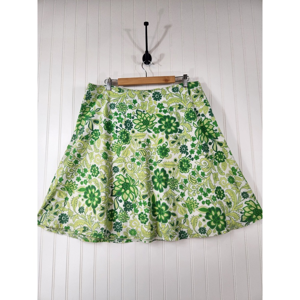 Gap Green Floral A-Line Skirt Size 14 Cotton Mod Psychedelic Knee Length 37x23